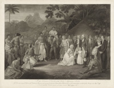 Kapitein James Wilson op het eiland Otaheité La Cesión de Matavai (en Tahití) al Capitán James Wilson La Cesión del Distrito de Matavai en la Isla de Otaheite al Capitán James Wilson para el uso de los Misioneros Enviados Allá por esa Sociedad de Francesco Bartolozzi