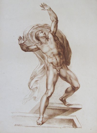 Figura masculina copiada de "El Juicio Final" de Miguel Ángel (grabado) de Francesco Bartolozzi