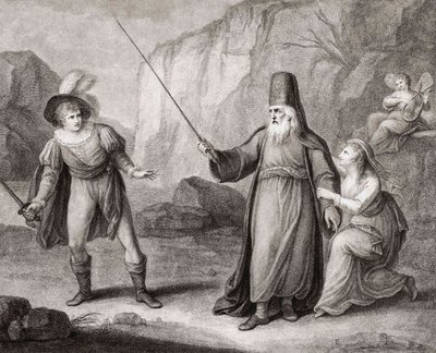 Próspero desarmando a Fernando. Shakespeare. La Tempestad (grabado) de Francesco Bartolozzi