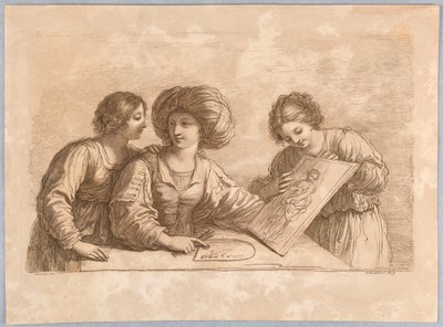 Tres mujeres con una paleta y boceto de un diseño de Francesco Bartolozzi
