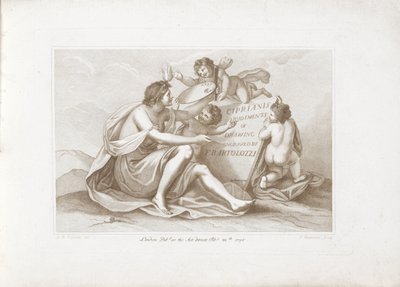 Impresión de título con personificación de pintura. Ciprianis principios de dibujo (título de la serie) Rudimentos de dibujo de Ciprianis (título de la serie sobre el objeto) de Francesco Bartolozzi