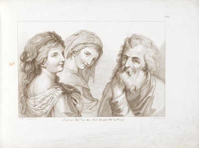Dos mujeres jóvenes y un anciano. Ciprianis rudimentos de dibujo grabados por F Bartolozzi de Francesco Bartolozzi
