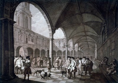 Vista del patio en el Royal Exchange con comerciantes y corredores, Ciudad de Londres, 1788 de Francesco Bartolozzi