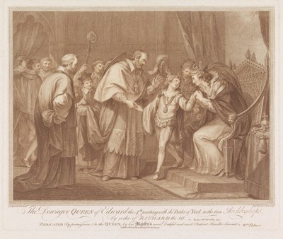Weduwe van Edward IV staat haar zoon aan twee aartsbisschoppen af La reina viuda de Eduardo IV se separó del duque de York a los dos arzobispos, por orden de Ricardo III (título sobre el objeto) de Francesco Bartolozzi