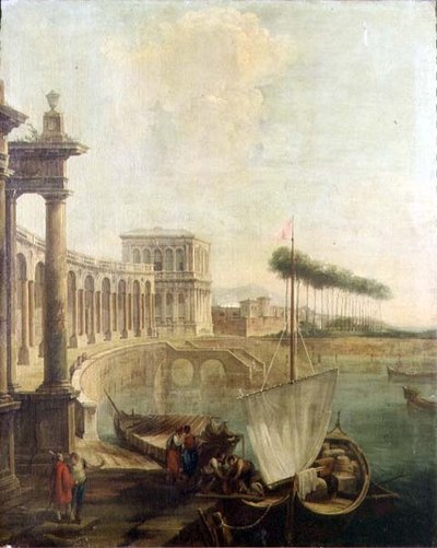 Un capricho, puerto con figuras cargando un ferry de Francesco Battaglioli
