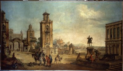 ""Escena de la calle en una ciudad, la gran plaza con monumentos"" (Vista de una ciudad) Pintura de Francesco Battaglioli (ec. venit.) (1722-1790) Museo del Hermitage del siglo XVIII, San Petersburgo de Francesco Battaglioli