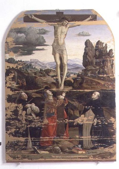 Crucifixión con San Domingo, Santa María Magdalena y San Pedro Mártir de Francesco Bianchi Ferrari