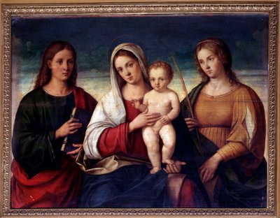 Virgen con niño rodeada por San Juan el evangelista y Santa Catalina de Alejandría de Francesco Bissolo