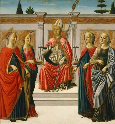 San Nicolás y las santas Catalina, Lucía, Margarita y Apolonia de Francesco Botticini