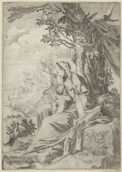 María amamantando al niño Jesús en un paisaje de Francesco Brizio