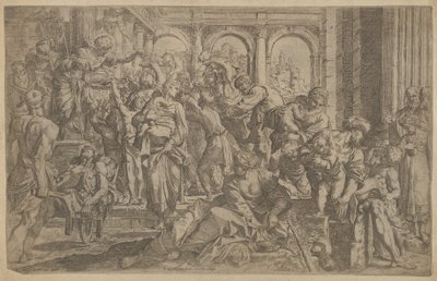 San Roque a la izquierda distribuyendo limosnas a un grupo de personas reunidas a su alrededor, ca. 1607 de Francesco Brizio