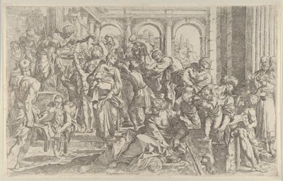 San Roque a la izquierda distribuyendo limosnas a un grupo de personas reunidas a su alrededor, ca. 1590-1600 de Francesco Brizio