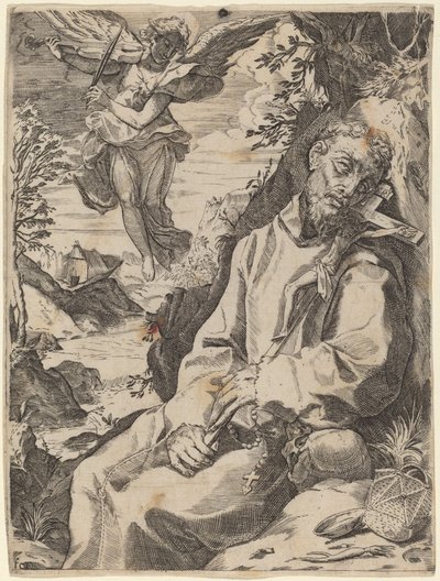 San Francisco consolado por el ángel musical de Francesco Carracci after Agostino Carracci