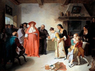 El cardenal Borromeo visitando a Lucía en la casa del sastre, escena de Los novios de Alessandro Manzoni de Francesco Coghetti
