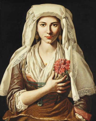 Retrato de una joven, tres cuartos de longitud, sosteniendo un clavel de Francesco Cozza