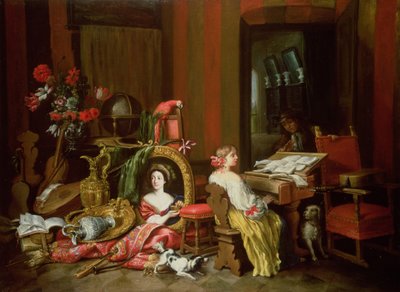 Interior con una dama en un clavecín de Francesco Fieravino
