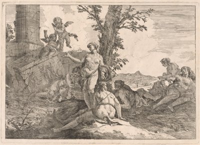 Seis ninfas y dos cupidos en un paisaje de Francesco Fontebasso