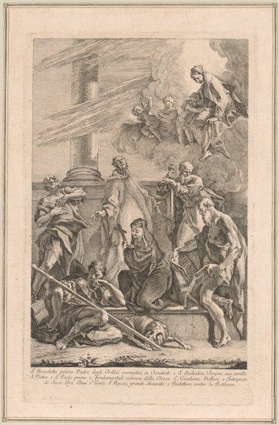 La Virgen y el Niño con Dos Ángeles y los Santos Escolástica, Benito, Roque, Pedro, Pablo y Jerónimo de Francesco Fontebasso after Sebastiano Ricci