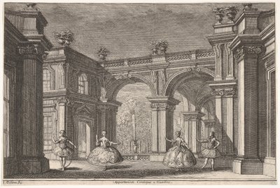 Dos damas y dos caballeros bailando dentro de un entorno arquitectónico ornamentado, una fuente en..., 1765 de Francesco Galli Bibiena