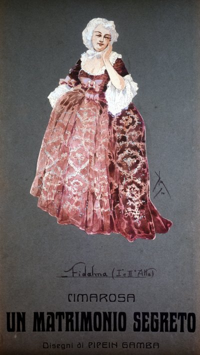 Personaje "Fidalma" en "El matrimonio secreto" (matrimonio Segreto) de Domenico Cimarosa (1749 - 1801). Vestuario de F. Gamba - Scala de Milán de Francesco Gamba
