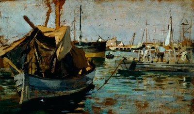 Trabajando en el puerto de Livorno (Leghorn) de Francesco Gioli (1846-1922), óleo sobre tabla, 22x38 cm de Francesco Gioli