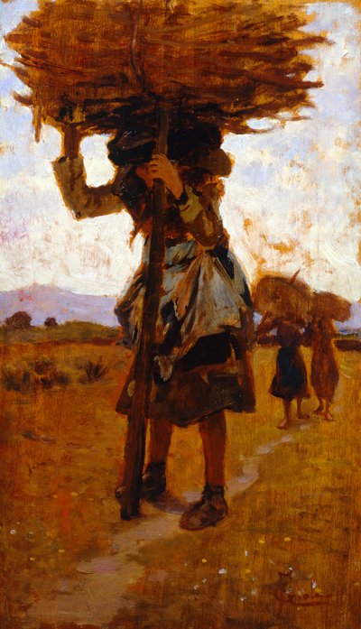 Mujeres madereras de San Rossore (estudio) de Francesco Gioli (1846-1922), óleo sobre tabla, 39x22 cm de Francesco Gioli