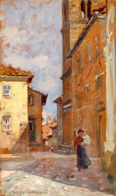 En la calle de Volterra, de Francesco Gioli (1846-1922), óleo sobre tabla, 38x23 cm de Francesco Gioli