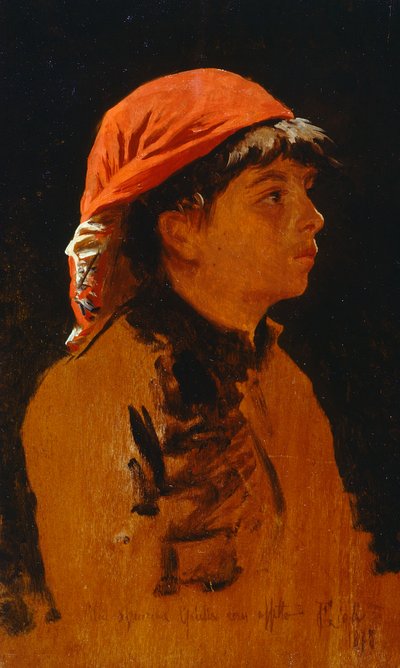 Bufanda roja de Francesco Gioli (1846-1922), óleo sobre tabla, 28x17 cm de Francesco Gioli