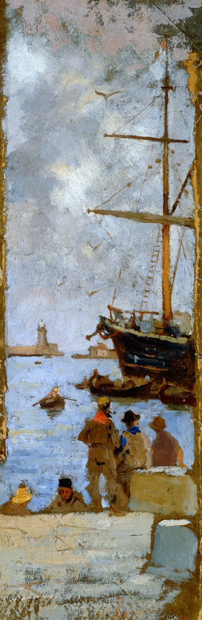 Vista del puerto de Livorno de Francesco Gioli (1846-1922), óleo sobre lienzo transferido a cartón, 38x12 cm de Francesco Gioli