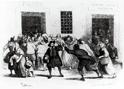 El saqueo de la panadería de las muletas, episodio de Los Novios, por Alessandro Manzoni (1785-1873), ilustración de Francesco Gonin (1808-1889) edición de 1840 de Francesco Gonin