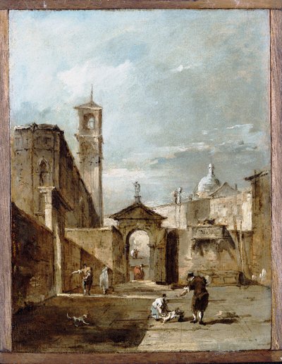 Un capricho de un campo veneciano con una iglesia al fondo de Francesco Guardi