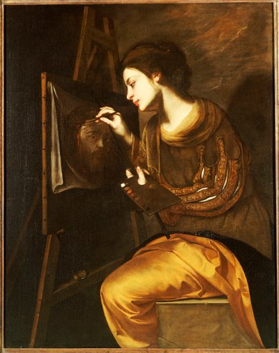 Una artista femenina pintando la imagen del Sudario de Francesco Guardi
