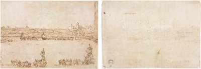 Una procesión de carros triunfales en la Piazza San Marco, Venecia, celebrando la visita de los Conti del Nord (recto) Tres bocetos de arcos (verso) de Francesco Guardi
