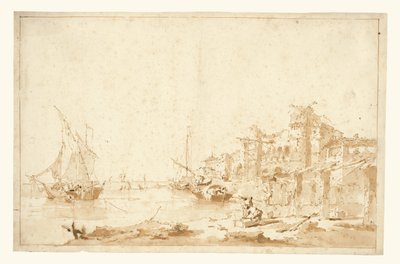 Vista imaginaria de una laguna veneciana con una fortaleza en la orilla de Francesco Guardi