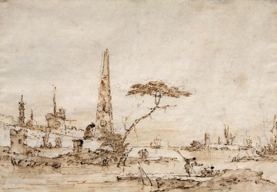 Capriccio junto a una laguna veneciana con un obelisco y un león fuera de las murallas de una ciudad fortificada (pluma y tinta) de Francesco Guardi