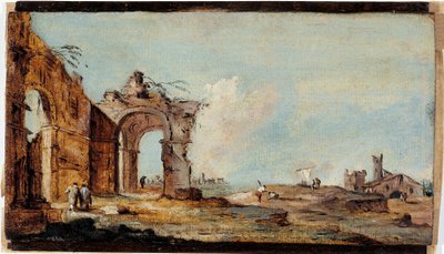 Caprice, con arco en ruinas y casas de pescadores de Francesco Guardi