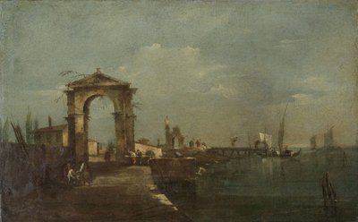 Paisaje con un muelle y barcos en un lago de Francesco Guardi