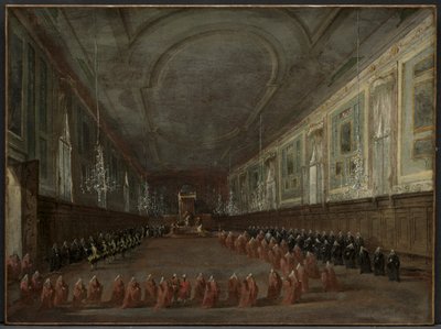 El Papa Pío VI descendiendo del trono para despedirse del Dogo en el Salón, c. 1783 de Francesco Guardi
