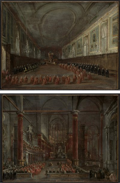 El Papa Pío VI descendiendo del trono para despedirse del Dogo en el Salón de SS. Giovanni e Paolo, 1782 y Ceremonia pontificia en SS. Giovanni e Paolo, Venecia, 1782 (par) de Francesco Guardi
