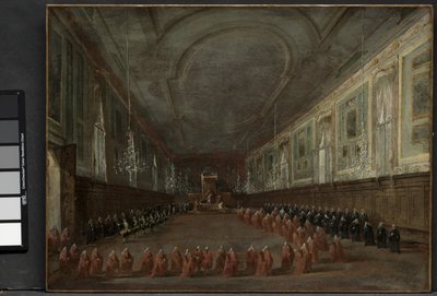 El Papa Pío VI descendiendo del trono para despedirse del Dogo en el Salón de SS. Giovanni e Paolo, 1782 y Ceremonia Pontificia en SS. Giovanni e Paolo, Venecia, 1782, c. 1783 de Francesco Guardi