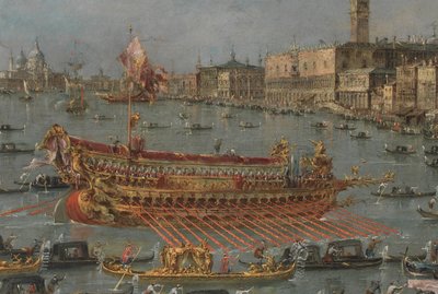 Festival del Bucintoro de Venecia. El Bacino di S. Marco con el Bucintoro, la barcaza estatal del Dogo, en el Día de la Ascensión (detalle), 1780-93 de Francesco Guardi