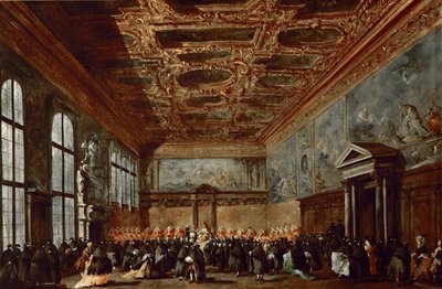 El Dogo de Venecia dando audiencia en la Sala del Collegio en el Palacio Ducal de Francesco Guardi