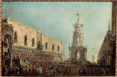 El Dogo de Venecia asiste a las celebraciones del Jueves de Gras en la Piazzetta di San Marco de Francesco Guardi