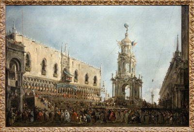 El Dogo de Venecia asiste a las fiestas del Jueves Gordo en la Piazzetta de San Marco de Francesco Guardi