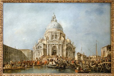 El Dogo de Venecia va a la Salute de Venecia, Cada año el 21 de noviembre el Dogo iba a la Basílica de Santa Maria della Salute, edificada en agradecimiento por el fin de la peste de 1630, para agradecer a la Virgen por esta liberación, un puente de barcos de Francesco Guardi
