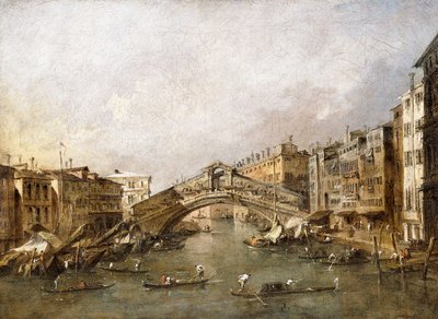 El Puente de Rialto, Venecia, con góndolas en primer plano de Francesco Guardi