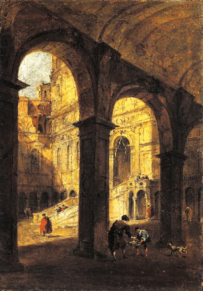Vista del patio del Palacio Ducal y de la Escalera de los Gigantes, en Venecia, hacia 1780, de Francesco Guardi (1712-1793), óleo sobre lienzo, 26x39 cm. de Francesco Guardi