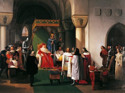 Filippo Maria Visconti, Duque de Milán devuelve la corona a los Reyes de Aragón y de Navarra, prisionero de los genoveses de Francesco Hayez