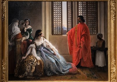 Giorgio Cornaro, enviado a Chipre por la República de Venecia, informa a la reina Caterina Cornaro, una de sus parientes, de que ya no es dueña de su reinado mientras el estandarte del León ondea en la fortaleza de la isla de Francesco Hayez