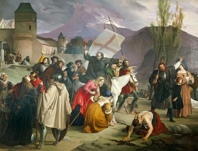 Pedro el Ermitaño montando una mula blanca con un crucifijo en la mano y predicando la Cruzada de Francesco Hayez